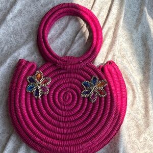 Pink Woven Handbag with Floral Accents